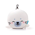 Eclectic Relaxeazzz Kai the Seal plush travel pillow in white with a clip, shown in its compact character form.