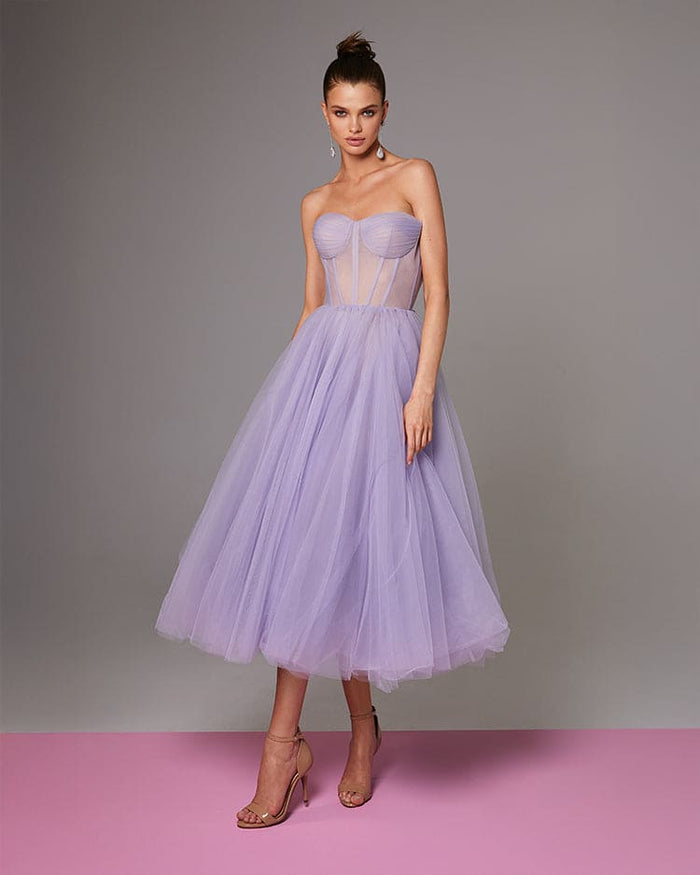 Lavender Strapless Puffy Midi Tulle Dress
