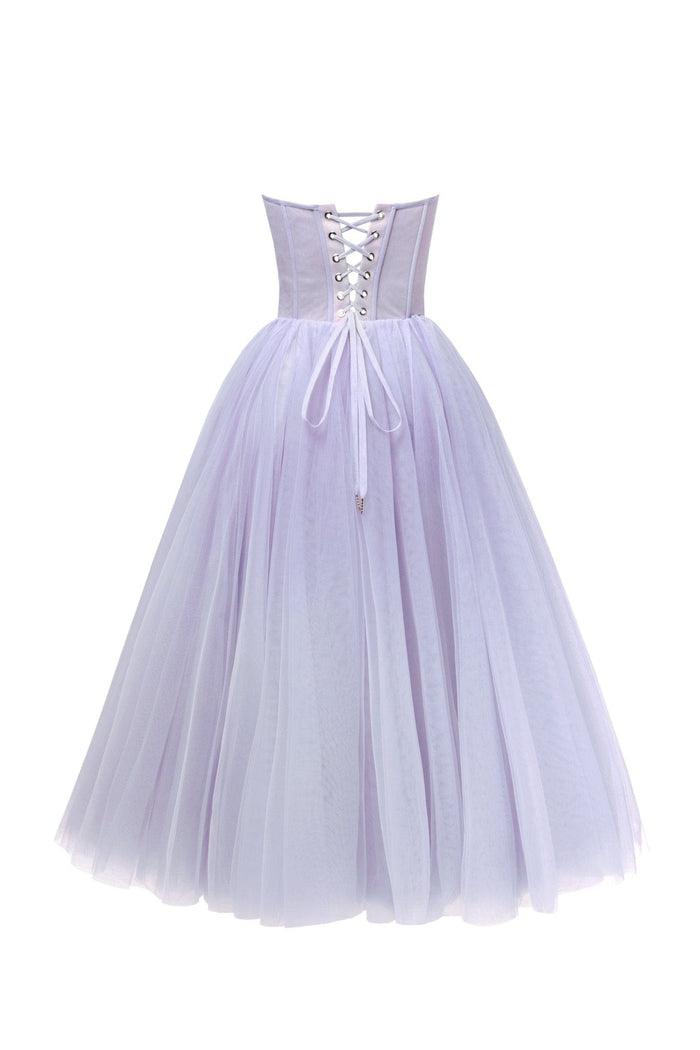 Lavender Strapless Puffy Midi Tulle Dress - Milla