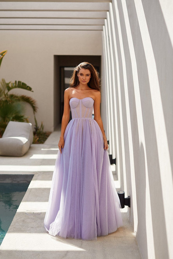 Lavender Tulle Maxi Dress with a Corset Bustier - Milla
