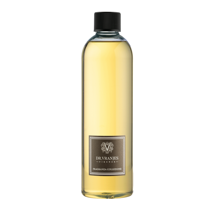 Eclectic Dr Vranjes Leather Oud diffuser refill bottle with golden fragrance oil and black cap