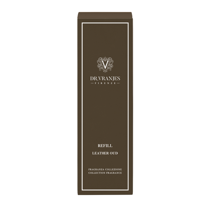Eclectic Dr Vranjes Leather Oud diffuser refill box in dark brown with white elegant branding and text.