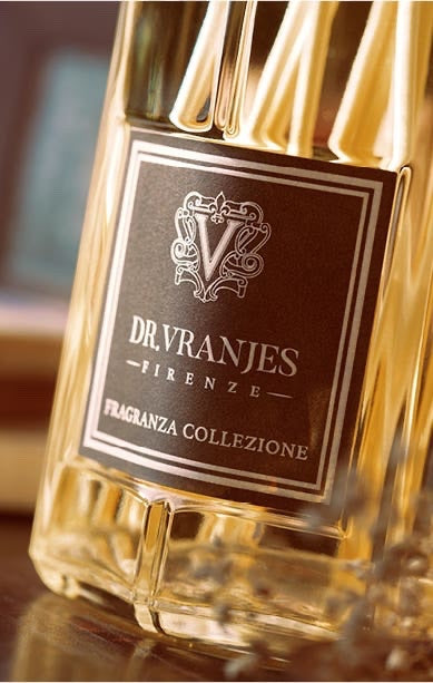 Eclectic Dr Vranjes Leather Oud diffuser refill bottle with elegant label and golden fragrance oil