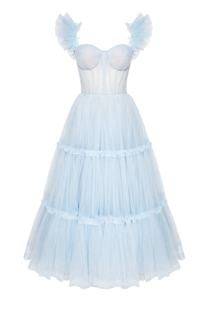 Light Blue Ruffled Tulle Midi Dress - Milla