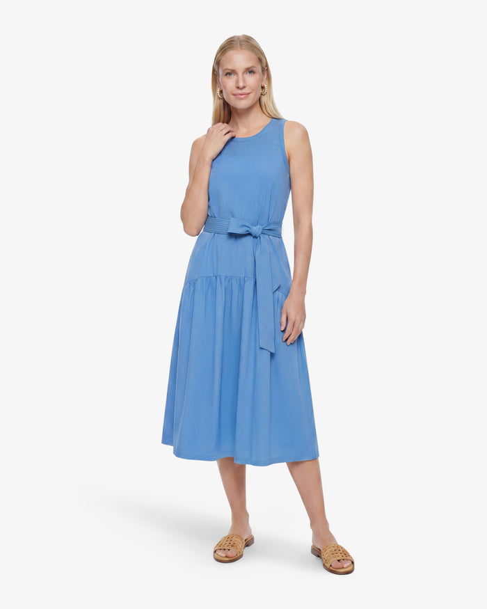 Lila Mixed Media Midi Dress in Light Blue