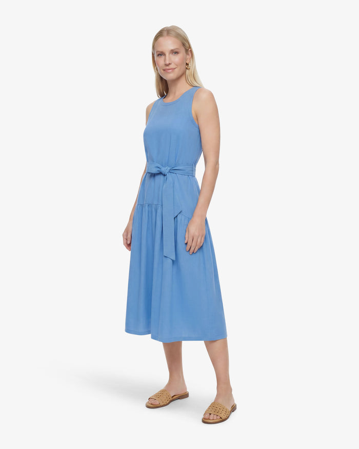 Lila Mixed Media Midi Dress in Light Blue