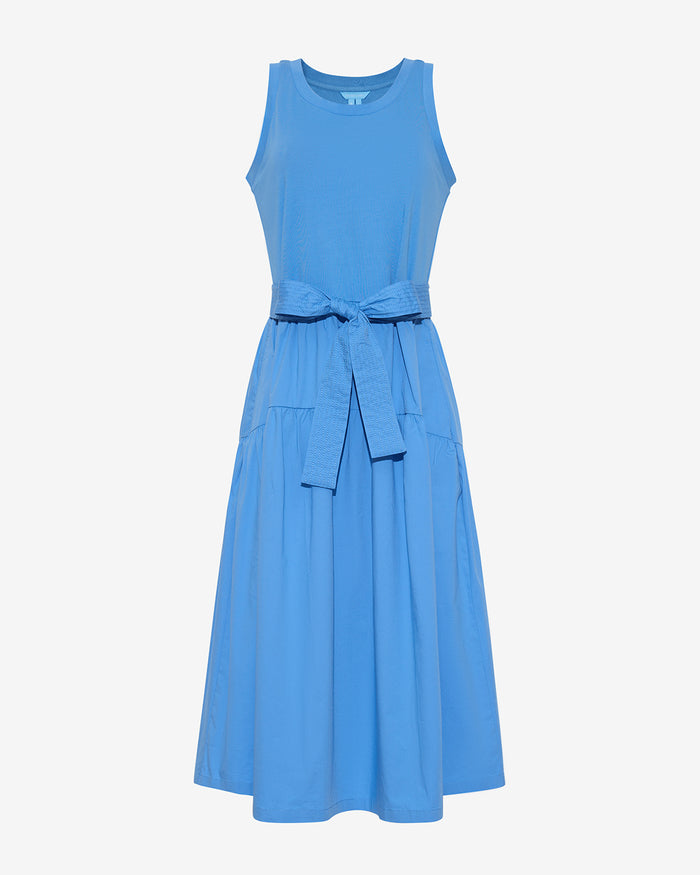 The Lila Mixed Media Midi Dress in Light Blue by Draper James features a sleeveless design, round neckline, and matching fabric waist tie, shown against a plain white background.