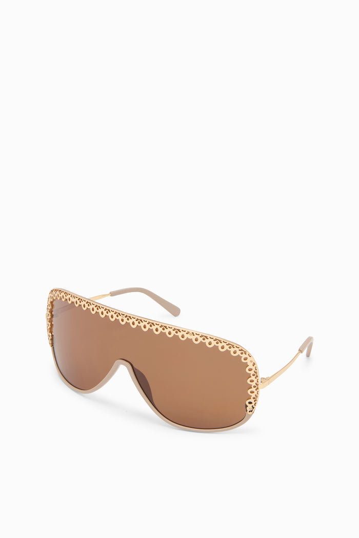 Fawn Acetate Designer Shield Sunglasses with Gold Filigree Trim - Three-Quarter View | Ulla Johnson