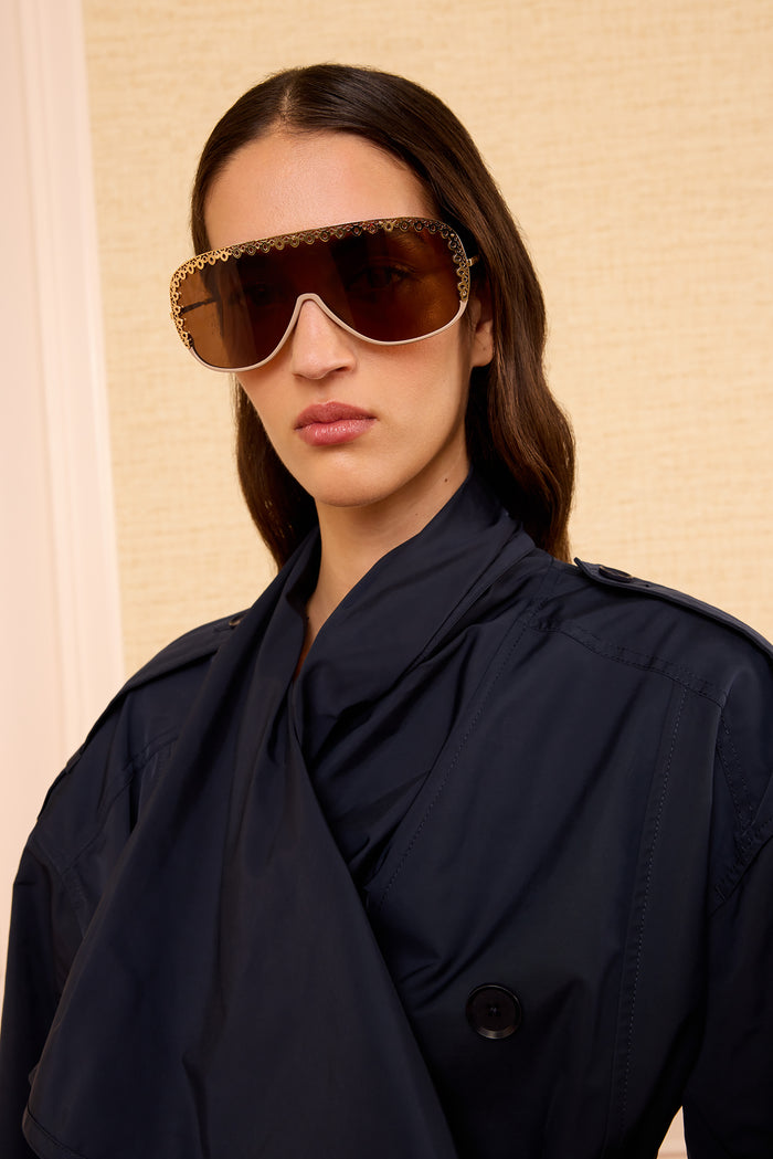 Lucien Fawn Shield Sunglasses with Ornate Gold Trim - On Model Front | Ulla Johnson