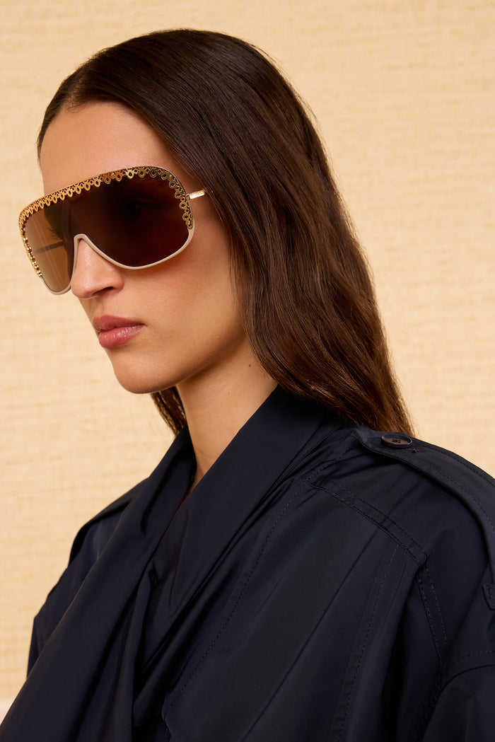 Lucien Fawn Luxury Designer Shield Sunglasses Gold Filigree Frame - On Model Side Profile | Ulla Johnson