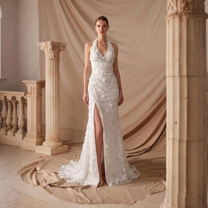 Dreamy Vow SS603 white 3D floral halter mermaid evening dress front view