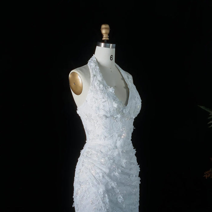 Dreamy Vow SS603 white halter V neck bodice detail