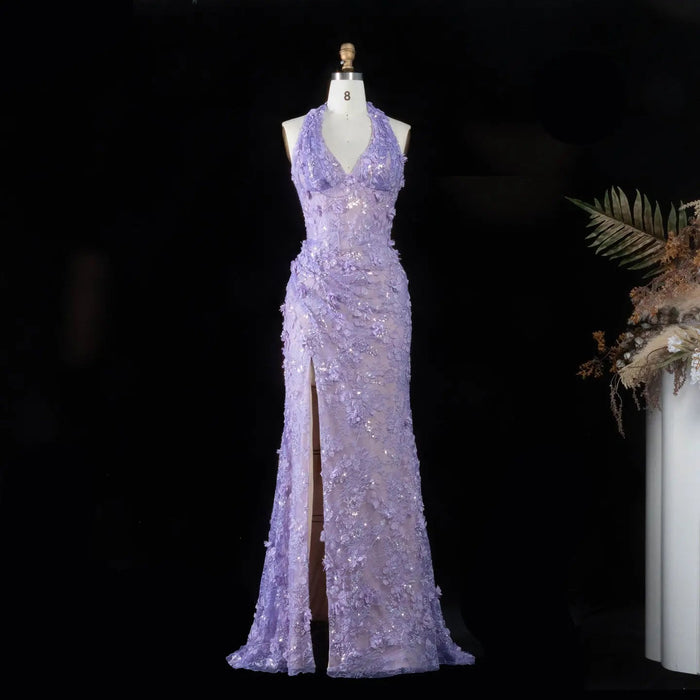 Dreamy Vow SS603 lilac 3D floral halter mermaid evening dress front view