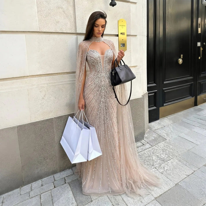 DreamyVow Champagne beaded mermaid with cape sleeves Evening Dress Prom Dress SS114