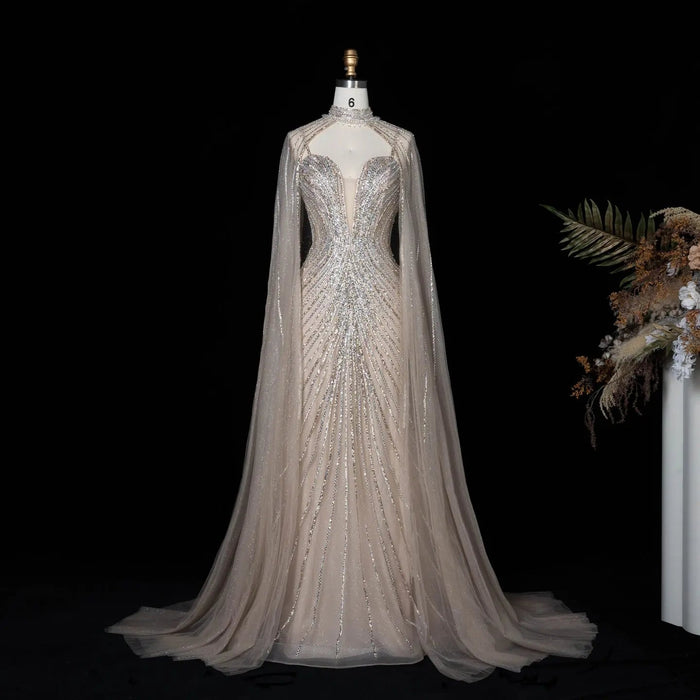 DreamyVow Champagne beaded mermaid with cape sleeves Evening Dress Prom Dress SS114