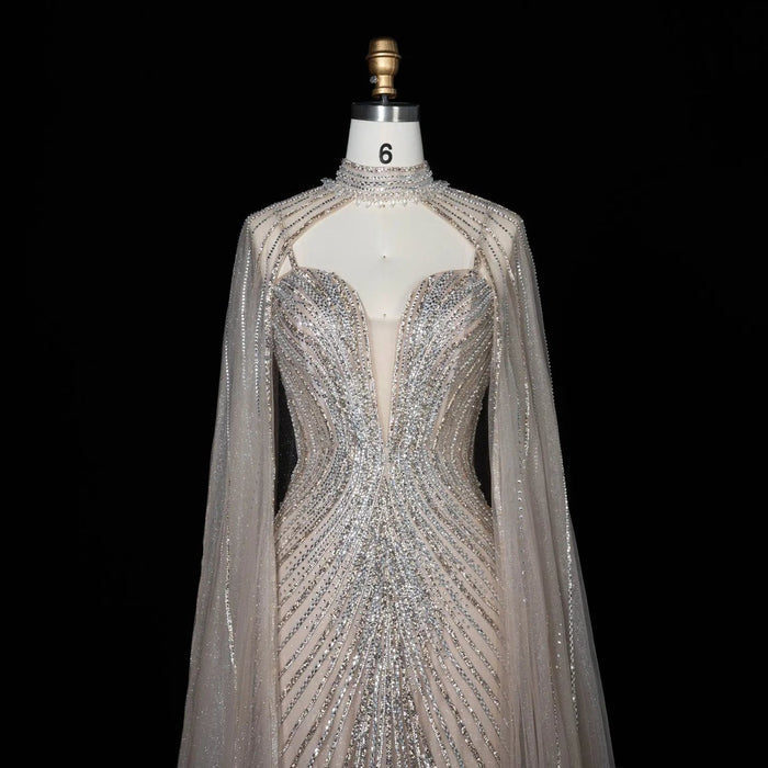 DreamyVow Champagne beaded mermaid with cape sleeves Evening Dress Prom Dress SS114