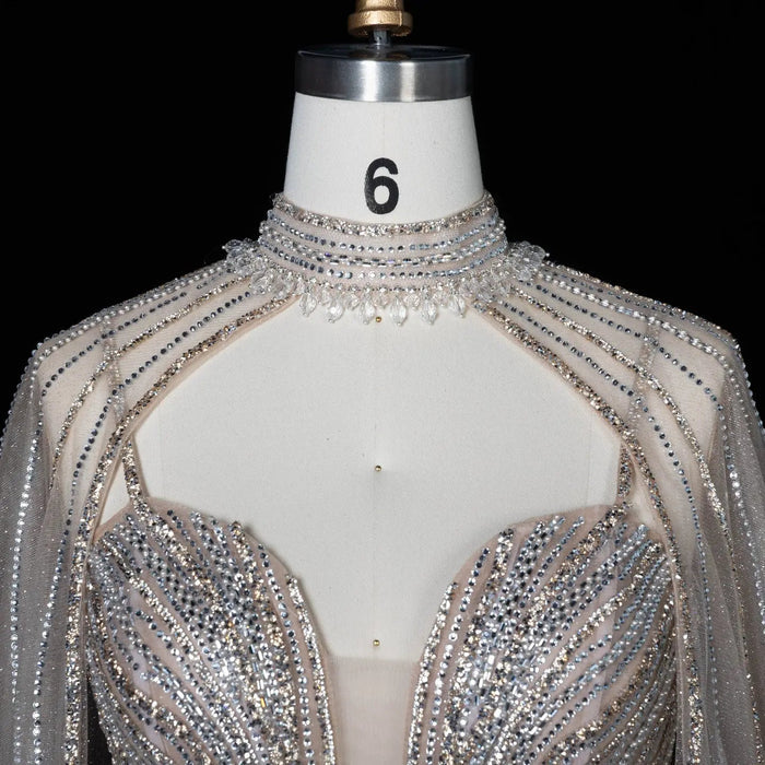 DreamyVow Champagne beaded mermaid with cape sleeves Evening Dress Prom Dress SS114
