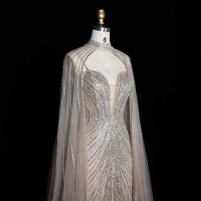 DreamyVow Champagne beaded mermaid with cape sleeves Evening Dress Prom Dress SS114