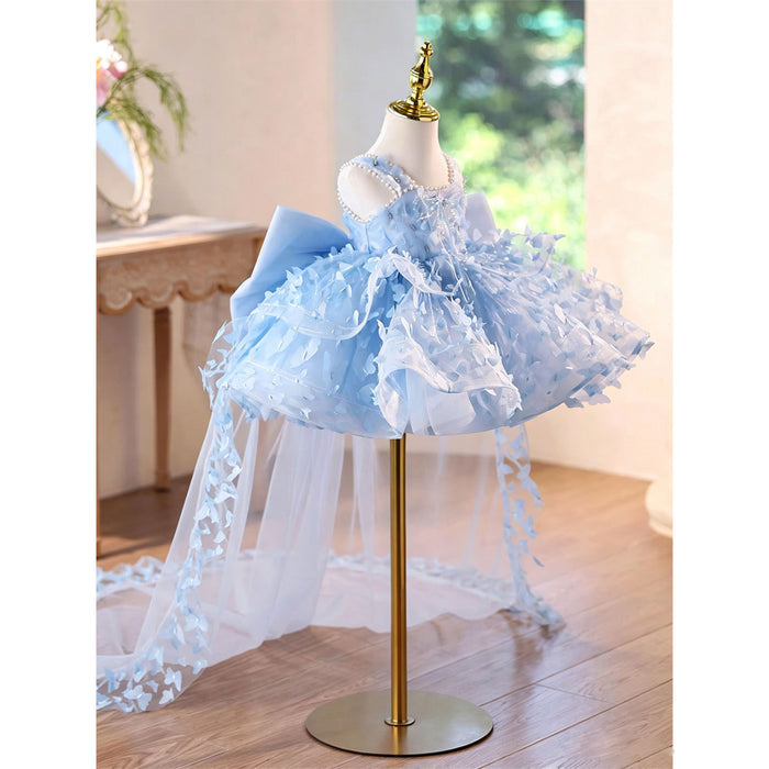 Luxury Blue 3D Butterfly Tulle Flower Girl Dress with Bow and Long Train D293C