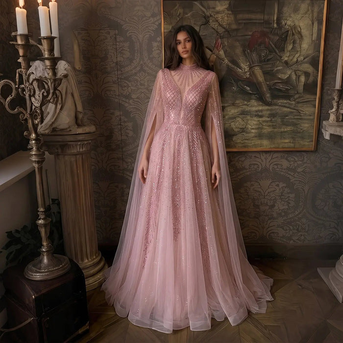 Luxury Crystal Beaded High Neck Cape Sleeve A-Line Tulle Evening Gown SS060