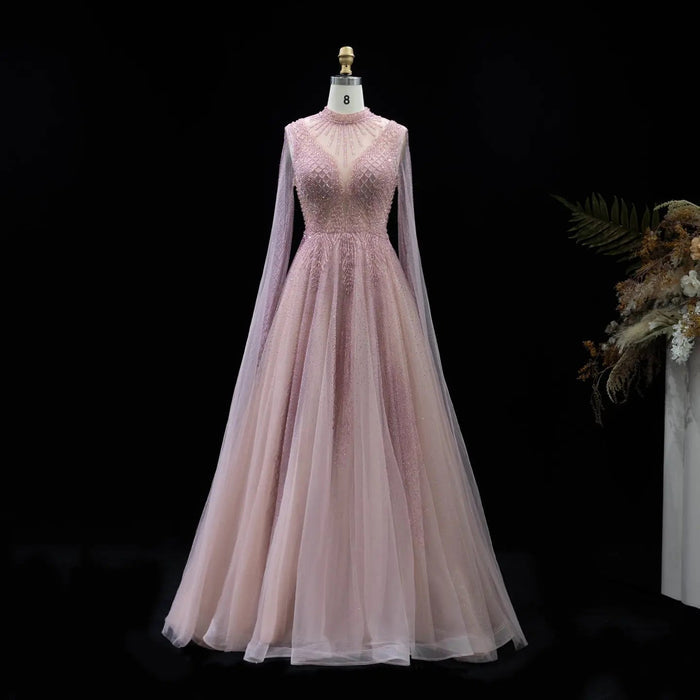 Luxury Crystal Beaded High Neck Cape Sleeve A-Line Tulle Evening Gown SS060