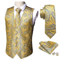 Luxury Men's Yellow Blue Paisley Silk Vest Necktie Pocket Square Cufflinks Set- MJ-2050 - SimonVon Shop