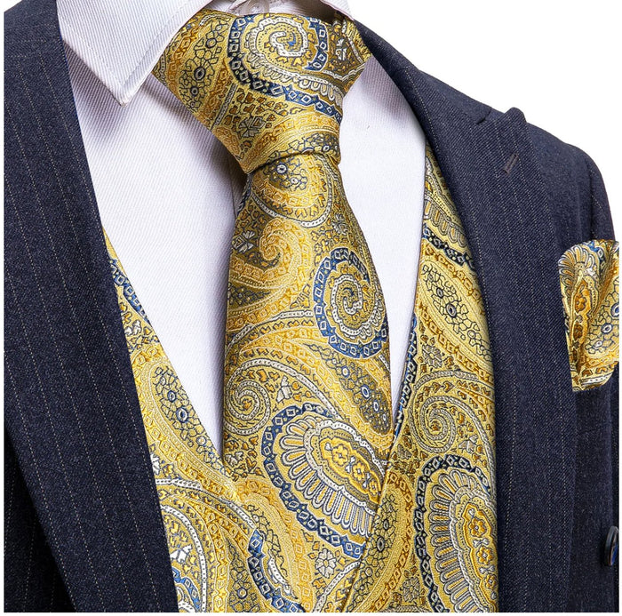 Luxury Men's Yellow Blue Paisley Silk Vest Necktie Pocket Square Cufflinks Set- MJ-2050 - SimonVon Shop