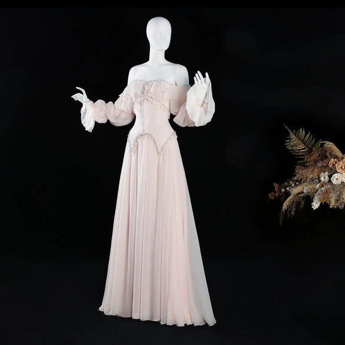 Dreamy Vow SS412 pearl pink off-shoulder chiffon A-line evening dress mannequin front full