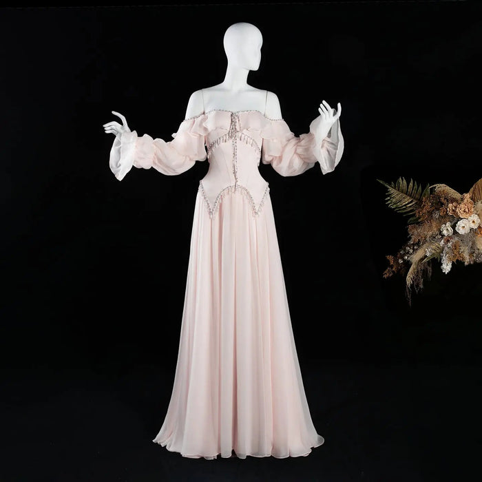 Dreamy Vow SS412 pearl pink chiffon A-line evening dress mannequin front