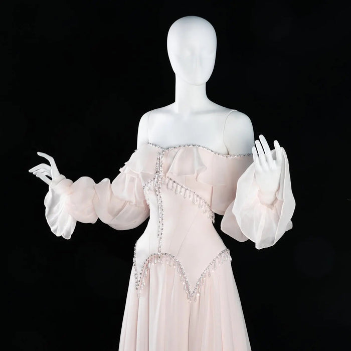 Dreamy Vow SS412 pearl pink chiffon evening dress front bodice detail