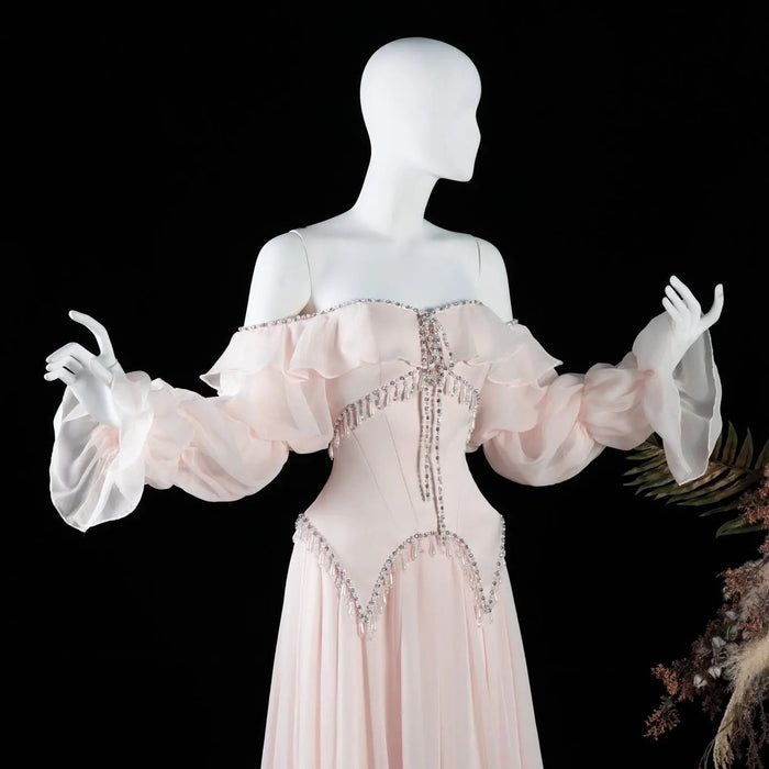 Dreamy Vow SS412 pearl pink chiffon evening dress mannequin bodice detail