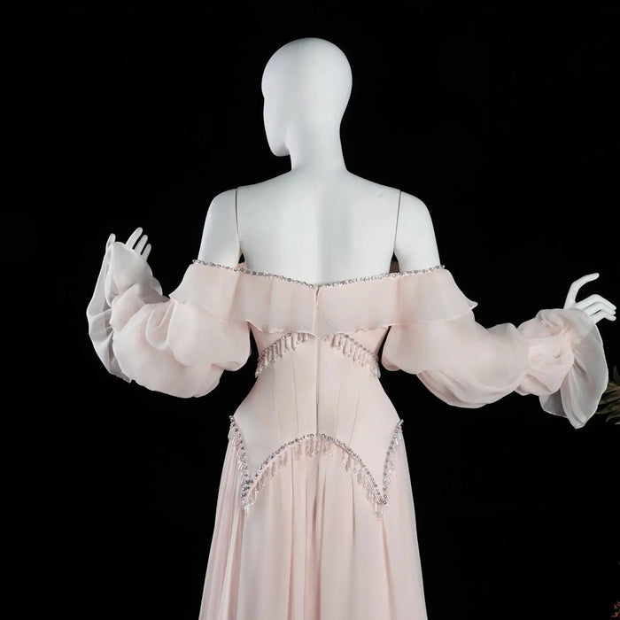 Dreamy Vow SS412 pearl pink chiffon evening dress back bodice detail