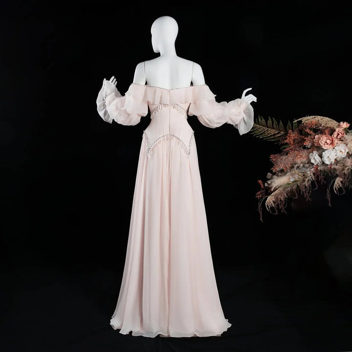 Dreamy Vow SS412 pearl pink off-shoulder chiffon A-line evening dress mannequin back full
