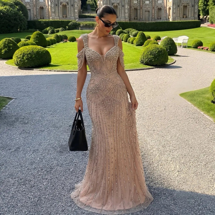 Luxury Pink Champagne Beaded Mermaid Evening Dress SS193