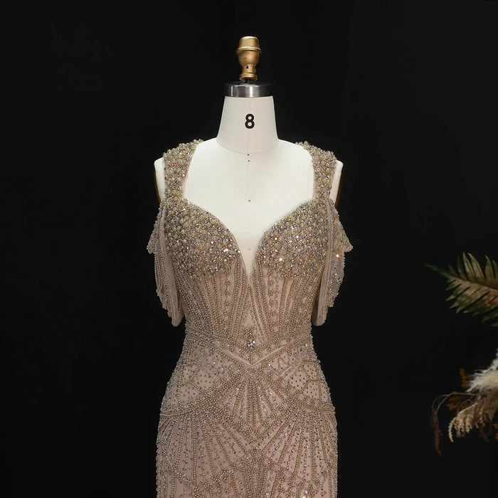 Luxury Pink Champagne Beaded Mermaid Evening Dress SS193