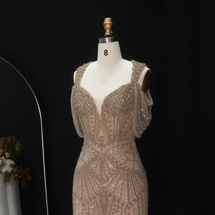 Luxury Pink Champagne Beaded Mermaid Evening Dress SS193