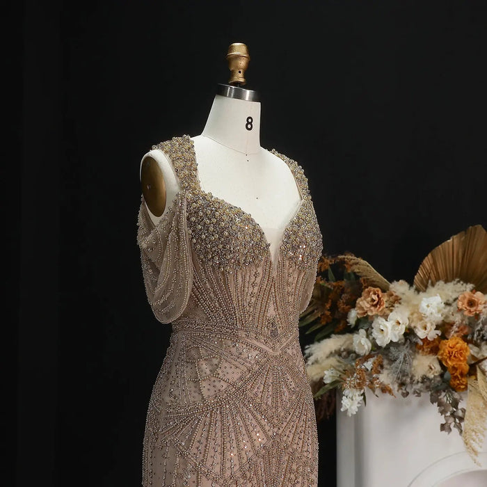 Luxury Pink Champagne Beaded Mermaid Evening Dress SS193