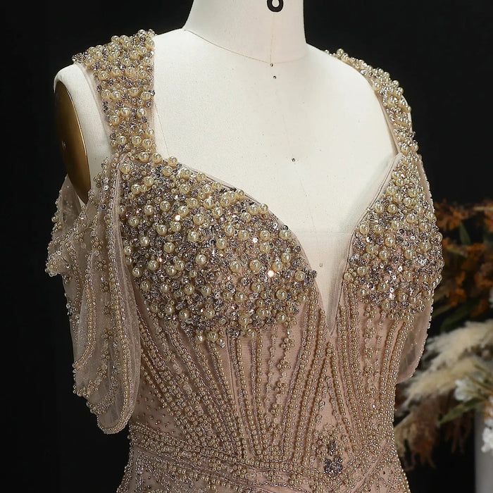 Luxury Pink Champagne Beaded Mermaid Evening Dress SS193