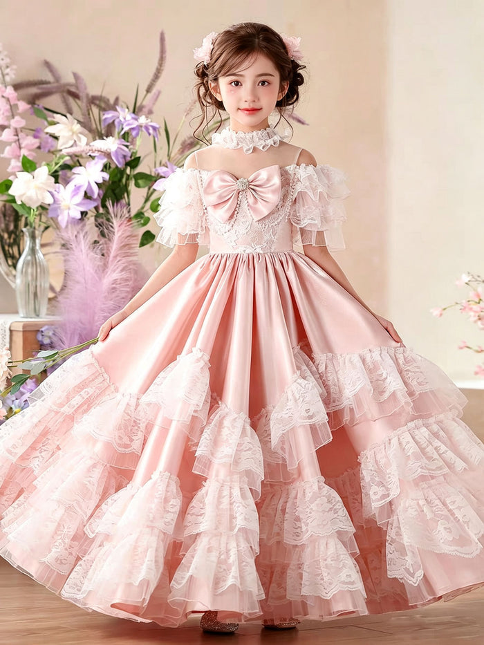 Luxury Pink Flower Girl Dress with Tiered Lace Satin Ruffles Royal Princess Court Style Pageant Wedding Gown D344