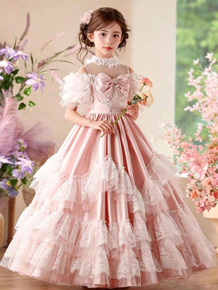 Luxury Pink Flower Girl Dress with Tiered Lace Satin Ruffles Royal Princess Court Style Pageant Wedding Gown D344