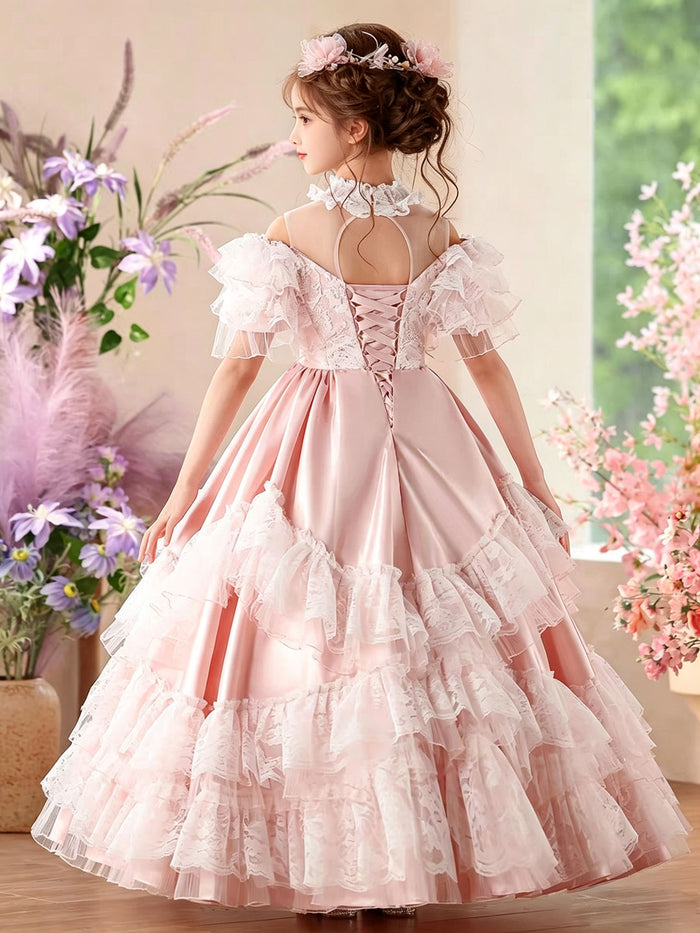Luxury Pink Flower Girl Dress with Tiered Lace Satin Ruffles Royal Princess Court Style Pageant Wedding Gown D344