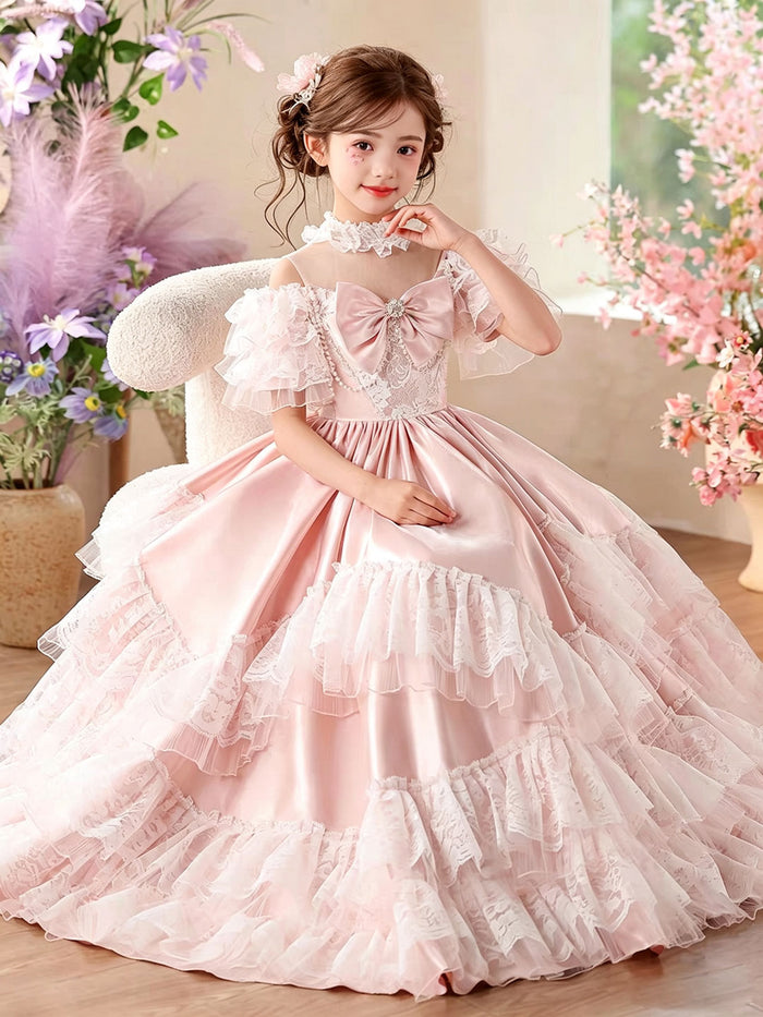 Luxury Pink Flower Girl Dress with Tiered Lace Satin Ruffles Royal Princess Court Style Pageant Wedding Gown D344