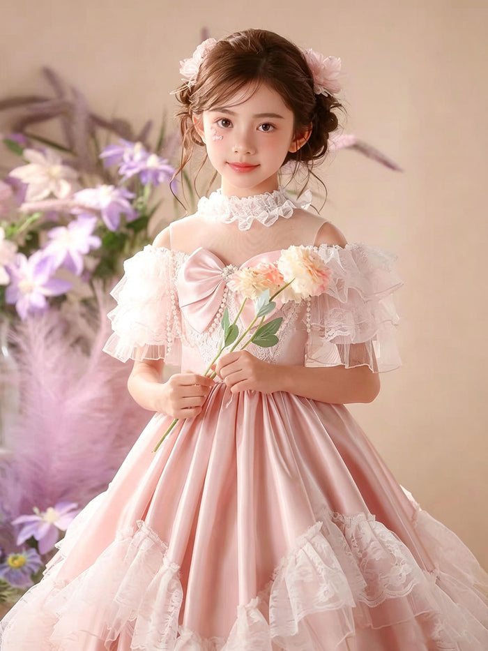 Luxury Pink Flower Girl Dress with Tiered Lace Satin Ruffles Royal Princess Court Style Pageant Wedding Gown D344