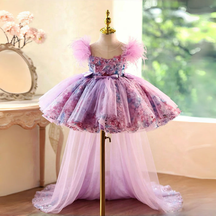 Luxury Purple Flower Girl Dress with Feather Sleeves Girls High Low Floral Tulle Pageant Party Gown D282