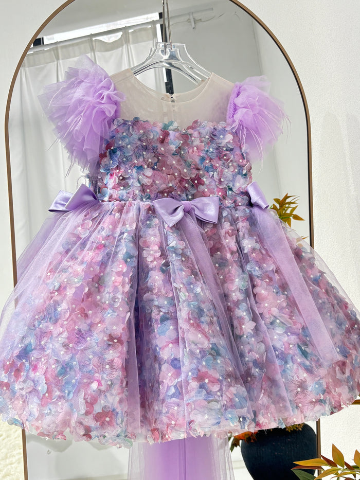 Luxury Purple Flower Girl Dress with Feather Sleeves Girls High Low Floral Tulle Pageant Party Gown D282