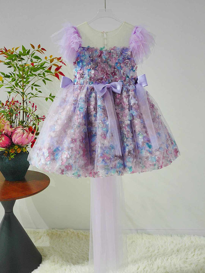 Luxury Purple Flower Girl Dress with Feather Sleeves Girls High Low Floral Tulle Pageant Party Gown D282