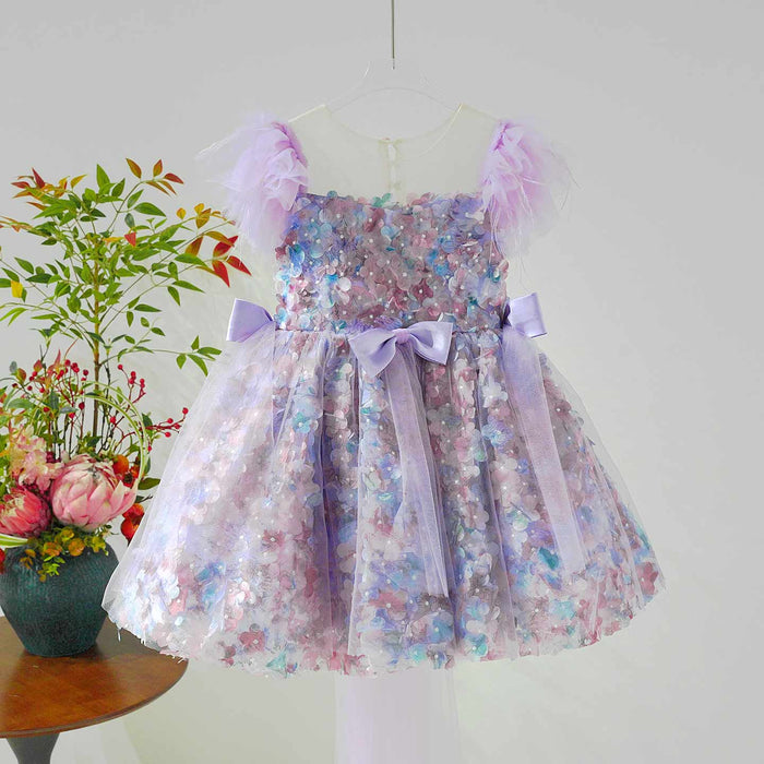 Luxury Purple Flower Girl Dress with Feather Sleeves Girls High Low Floral Tulle Pageant Party Gown D282