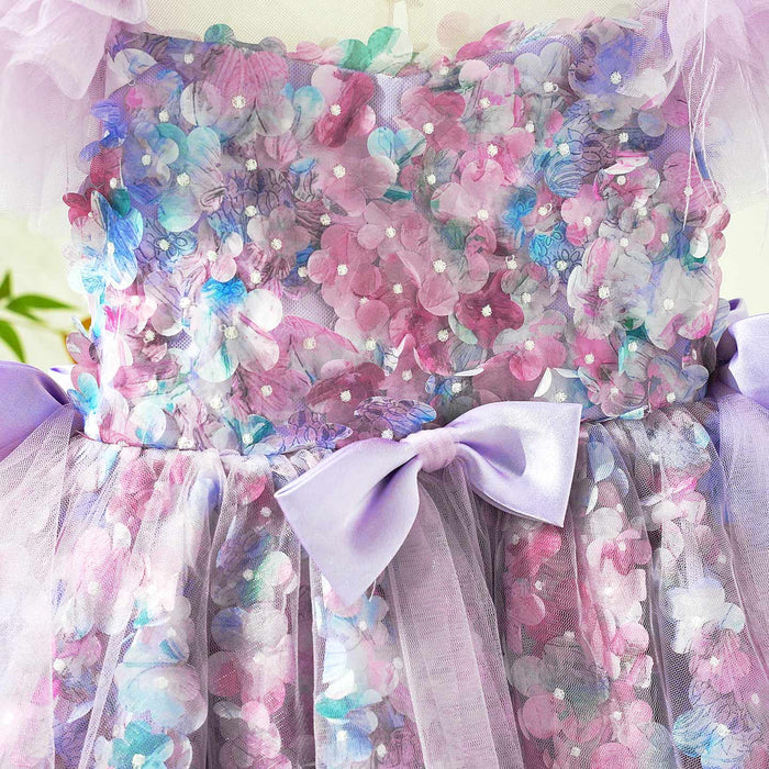 Luxury Purple Flower Girl Dress with Feather Sleeves Girls High Low Floral Tulle Pageant Party Gown D282