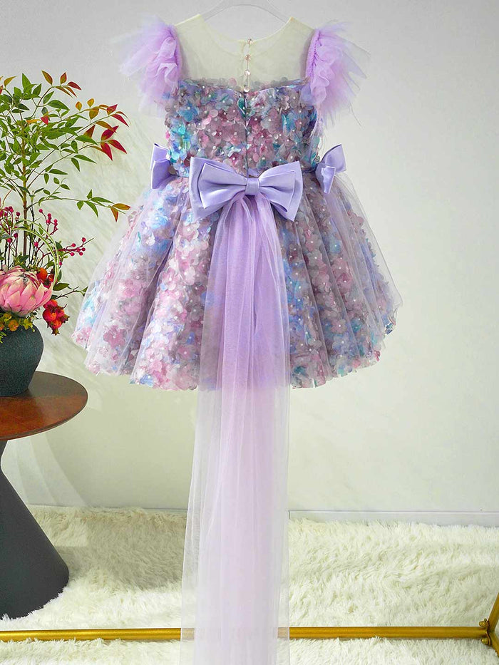 Luxury Purple Flower Girl Dress with Feather Sleeves Girls High Low Floral Tulle Pageant Party Gown D282