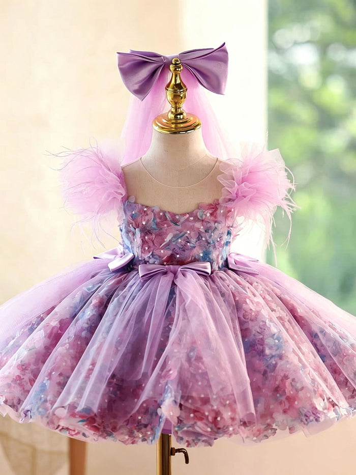 Luxury Purple Flower Girl Dress with Feather Sleeves Girls High Low Floral Tulle Pageant Party Gown D282